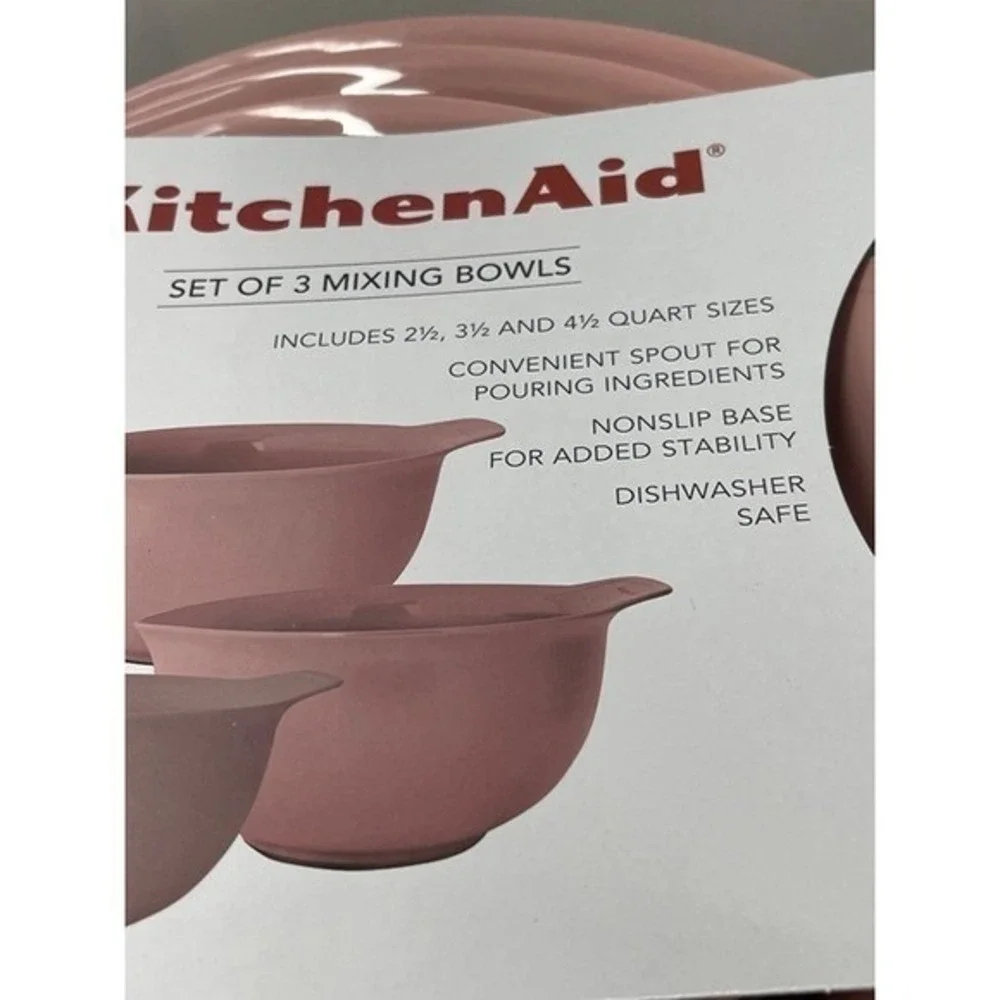 KitchenAid Mixing Bowls 3PC. Pink 2.5/3.5/4.5 Qt Sizes Non-Slip Base& Pour Spout
